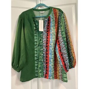 Tendency‎ Blouse Womens XXL Green Multi Patchwork Balloon Sleeve Button Front